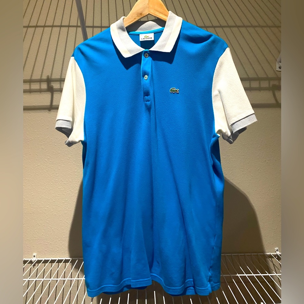 Lacoste Men’s polo two tone shirt in teal and white, reg sz 5.
